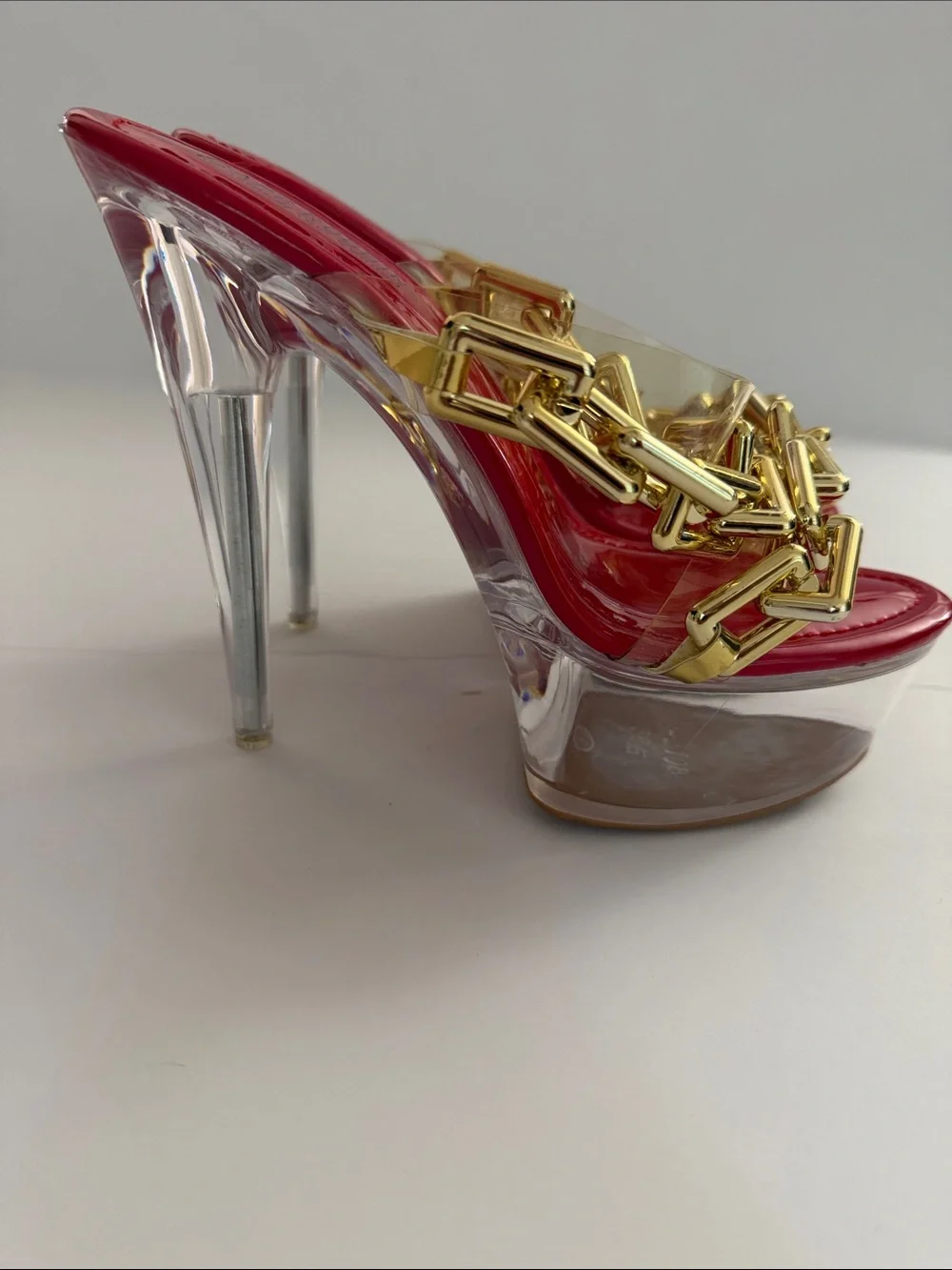 Cape Robbin Clear Platform Sandal with Red Upper and Gold Chain